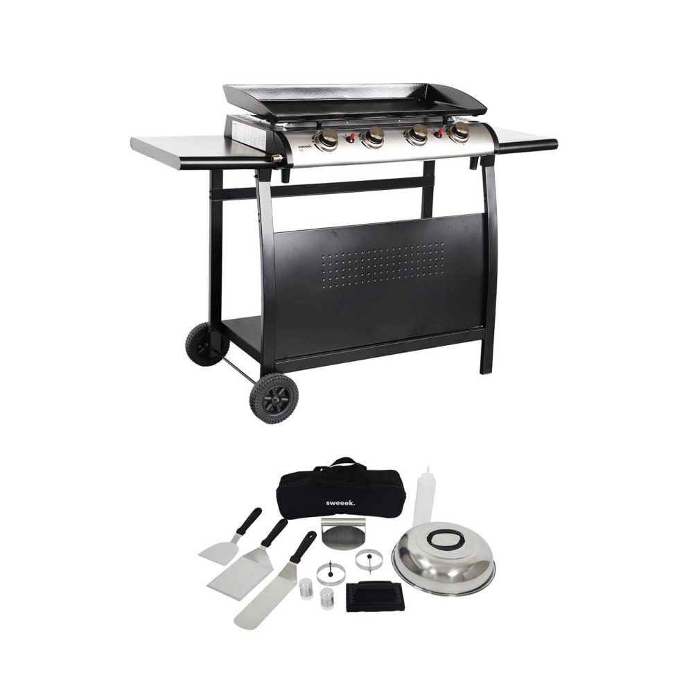 Plancha gaz 4 brûleurs 10kw avec desserte et ustensiles