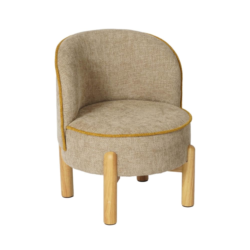 Fauteuil vintage enfant bois et tissu chenille taupe Fauteuil vintage enfant bois et tissu chenille taupe