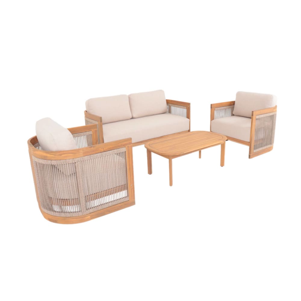 Salon de jardin bois d'acacia et cordes 4 places coussins beige Salon de jardin bois d'acacia et cordes 4 places coussins beige