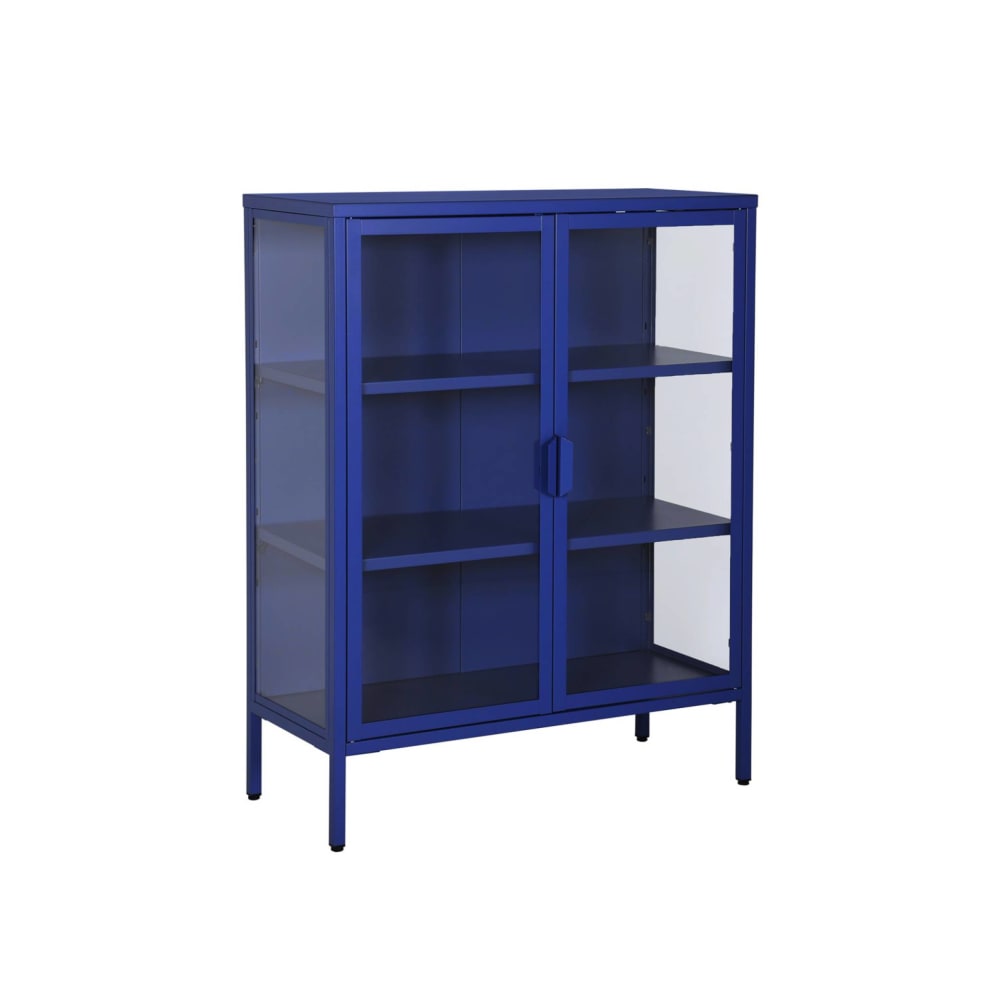 Armoire vitrine acier et verre trempé 2 portes 80cm bleu
