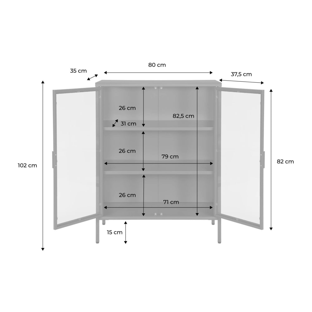 Armoire vitrine acier et verre trempé 2 portes 80cm noir