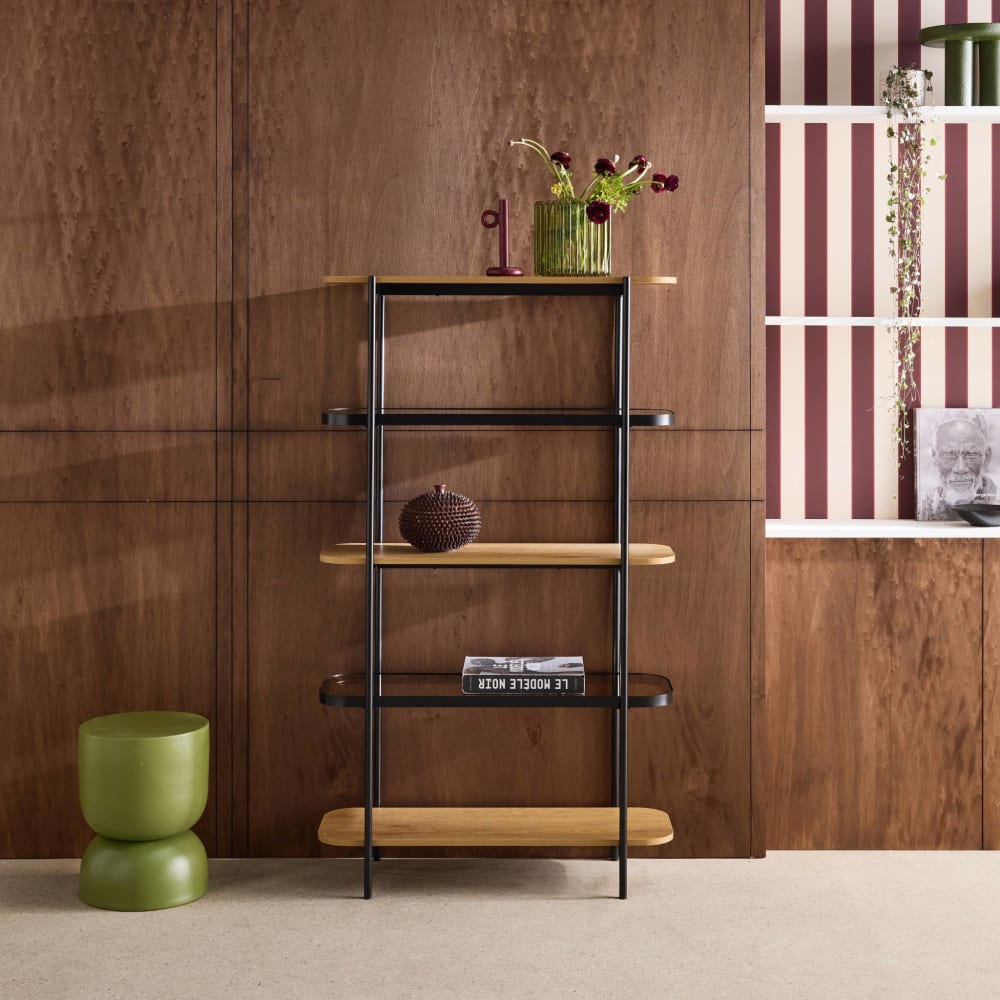 Bücherregal aus Glas, Holzdekor und Stahl, 5 Ebenen - Maisons Du