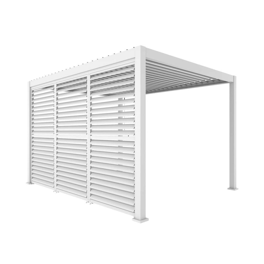 Pergola bioclimatique 4x3m blanc + 3 persiennes 130cm à lames