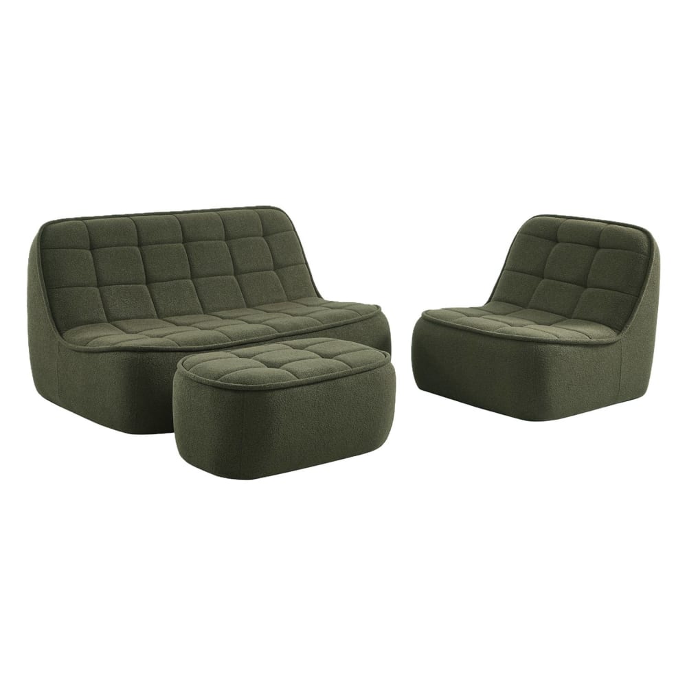 Canapé bouclette texturée 3 places + repose pied kaki
