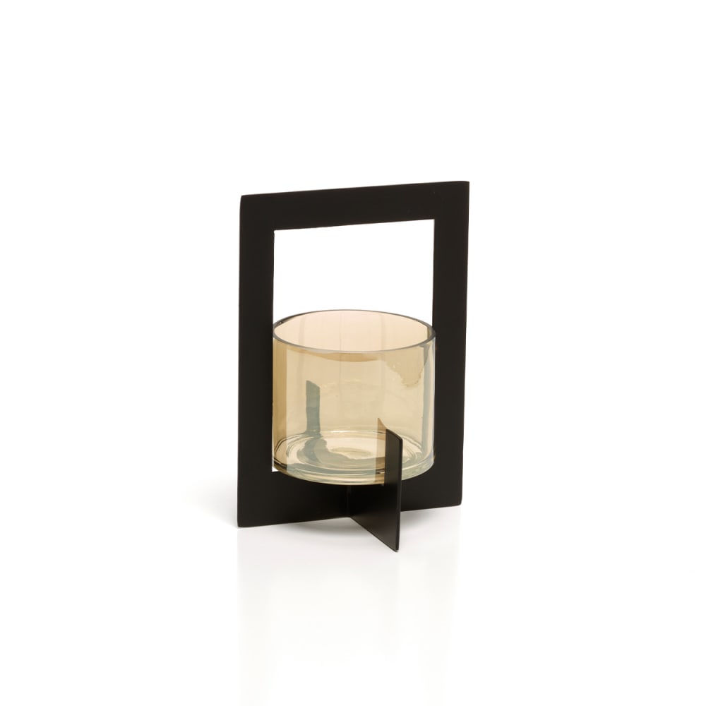 Bougeoir en laiton et verre noir 13x13x18cm