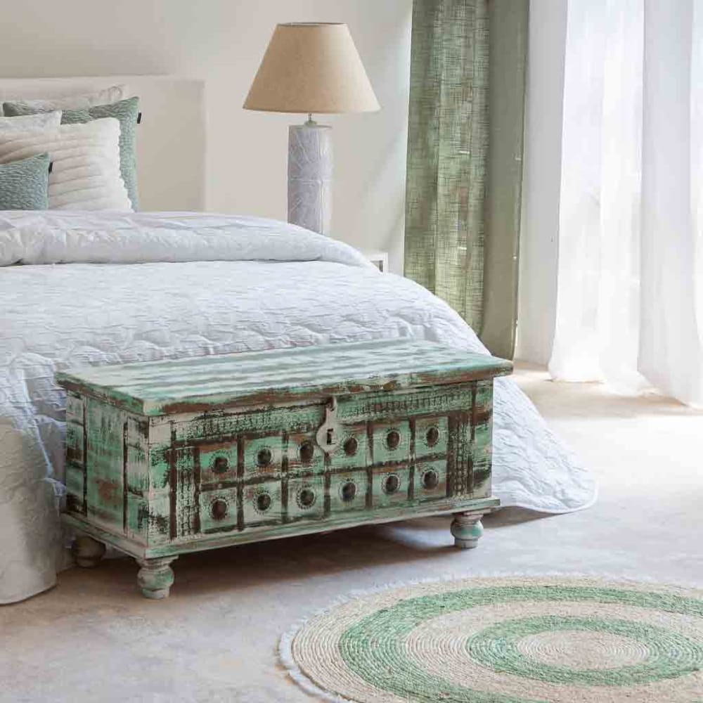Coffre en bois vert fait main 98x42x45 cm (h)