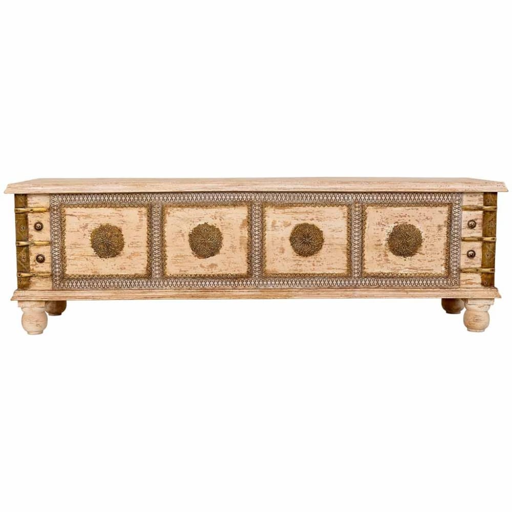 Truhe aus Mangoholz, handgefertigt, Antik-Weiß, 146x40x46 cm -