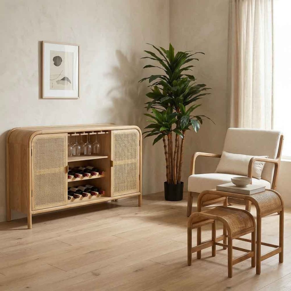 Sideboard aus Holz und Rattan, 130x39x80 cm (H), braunem -