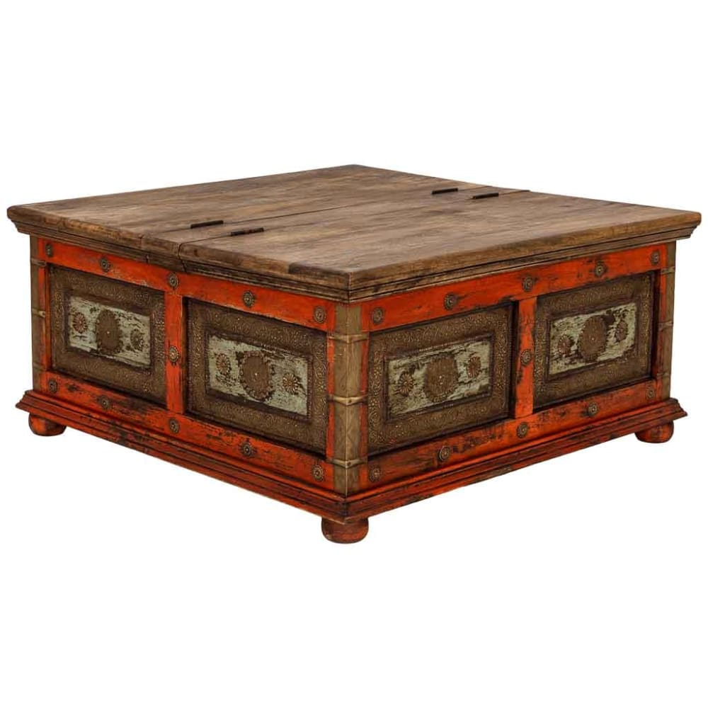 Table basse en bois rouge, fabriquée artisanalement, 100x100x47h cm