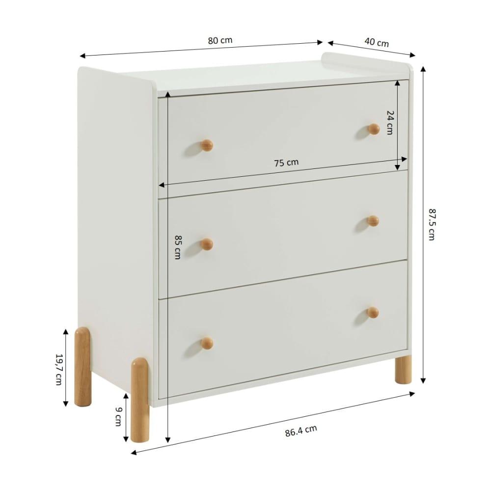 Commode enfant  3 tiroirs blanc 86cm (Baita) - Image 2