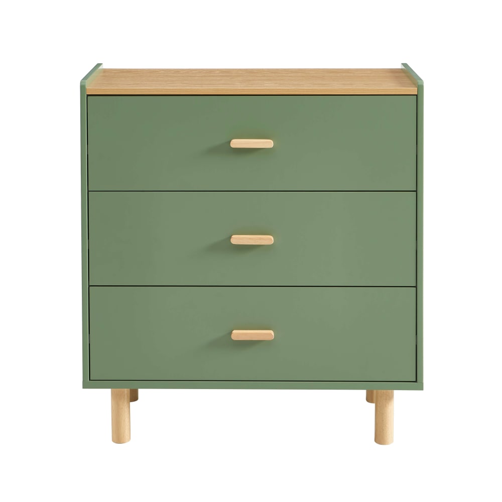 Commode enfant  3 tiroirs vert et effet bois et chêne 80 cm