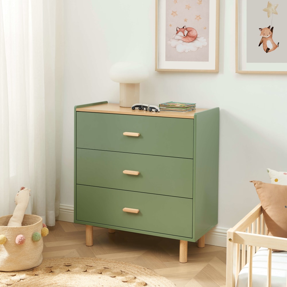 Commode enfant  3 tiroirs vert et effet bois et chêne 80 cm