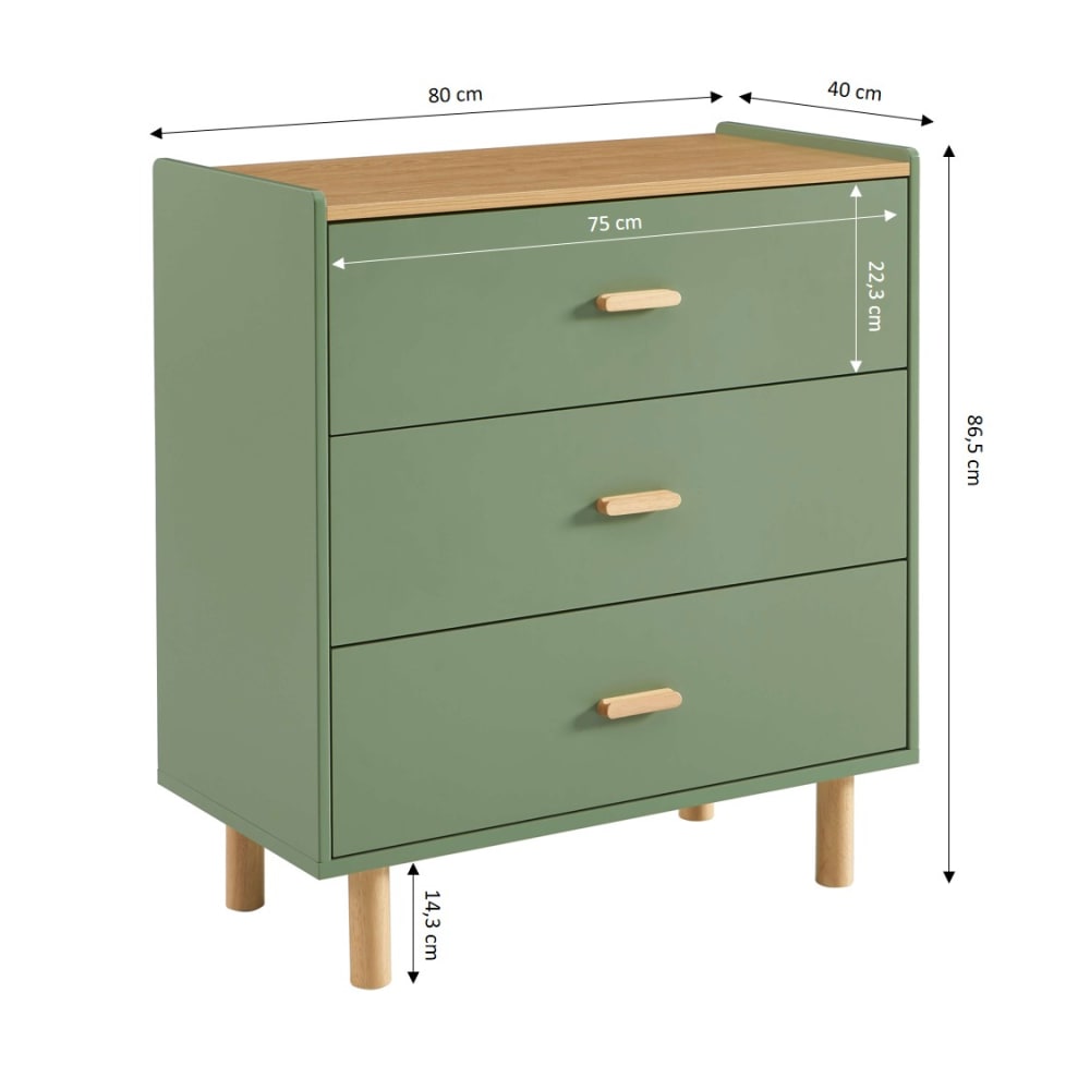 Commode enfant 3 tiroirs vert et effet bois et chêne 80 cm (Baita) - Image 2