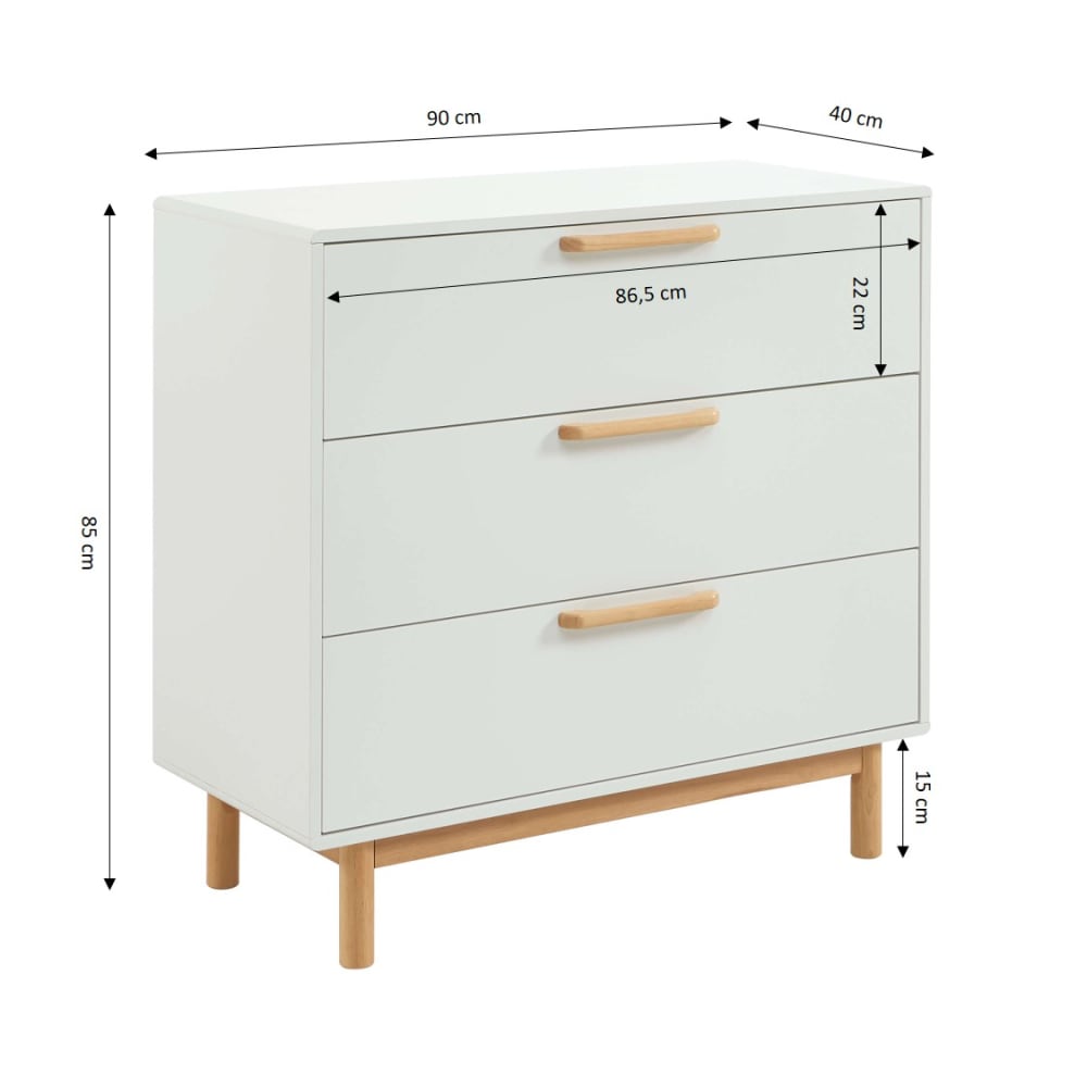 Commode enfant blanc 3 tiroirs 90cm (Baita) - Image 2