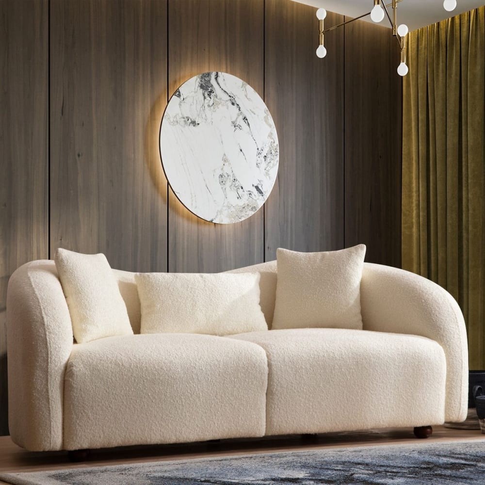 Canapé arrondi 2 places en tissu bouclé beige