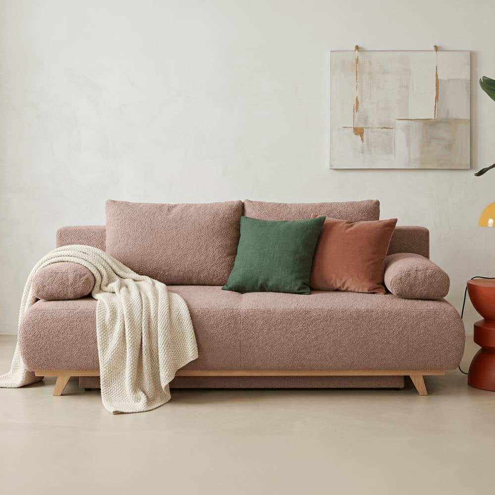 Canapé convertible 3 places avec coffre en tissu bouclé rose poudré