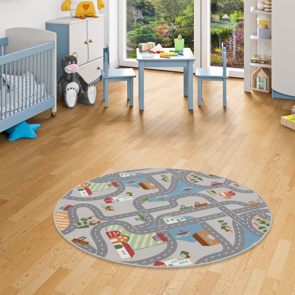 Kinder Spielteppich rund Straße, grau 200x200 cm - Maisons Du
