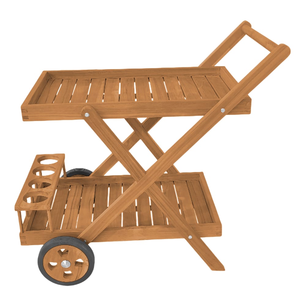 Chariot de service avec étagères et porte-bouteilles, teak