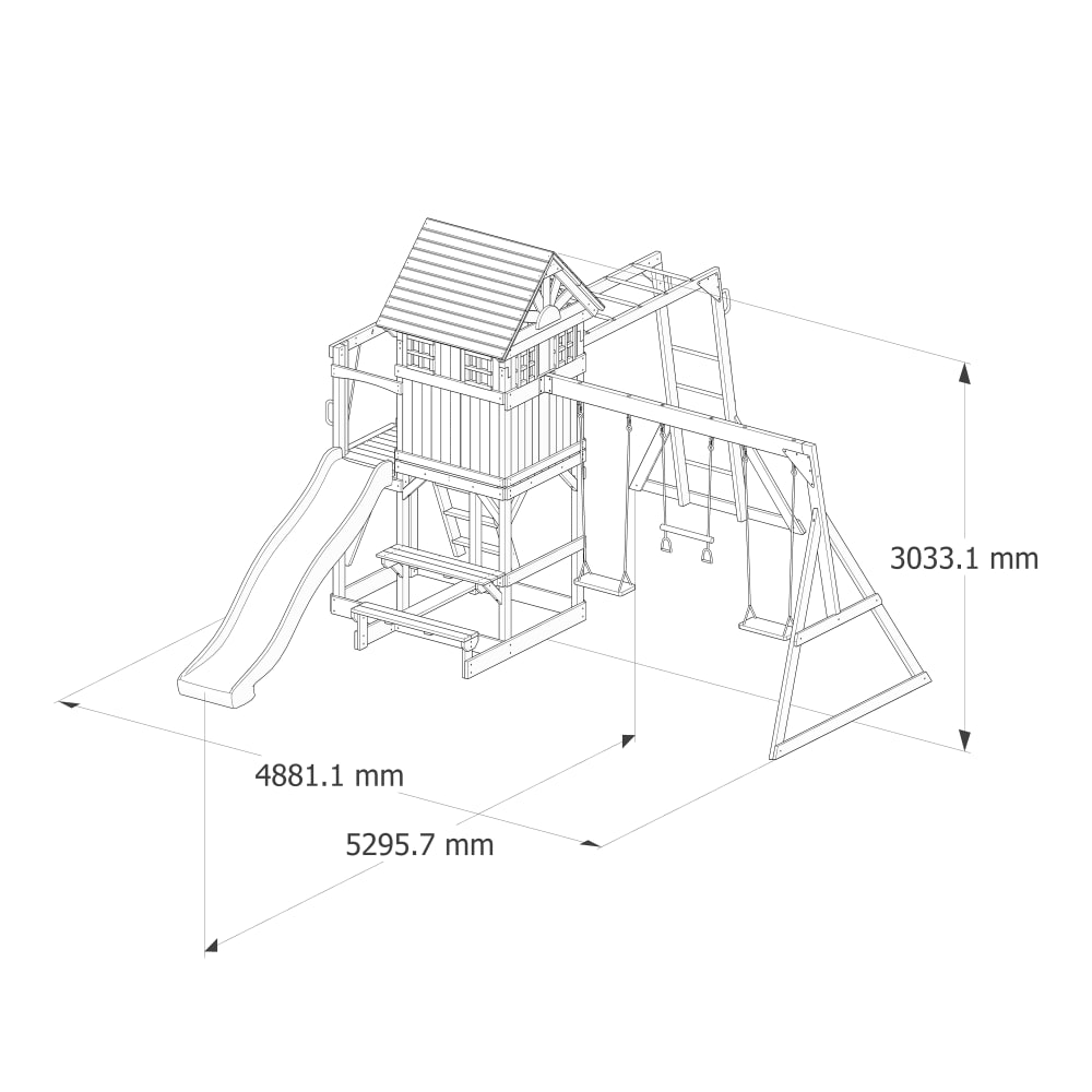 Spielturm aus Holz mit 2 Schaukeln - Grüne Rutsche - Maisons Du