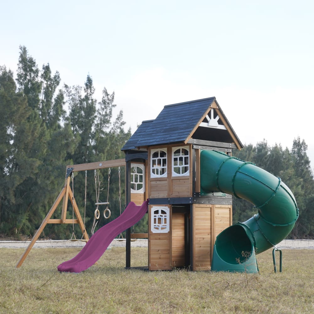 Spielturm aus Holz, 2 Schaukeln - Lila Rutsche, Röhrenrutsche -