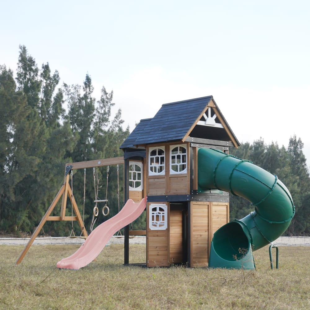 Spielturm aus Holz, 2 Schaukeln - Pastellrosa Rutsche,