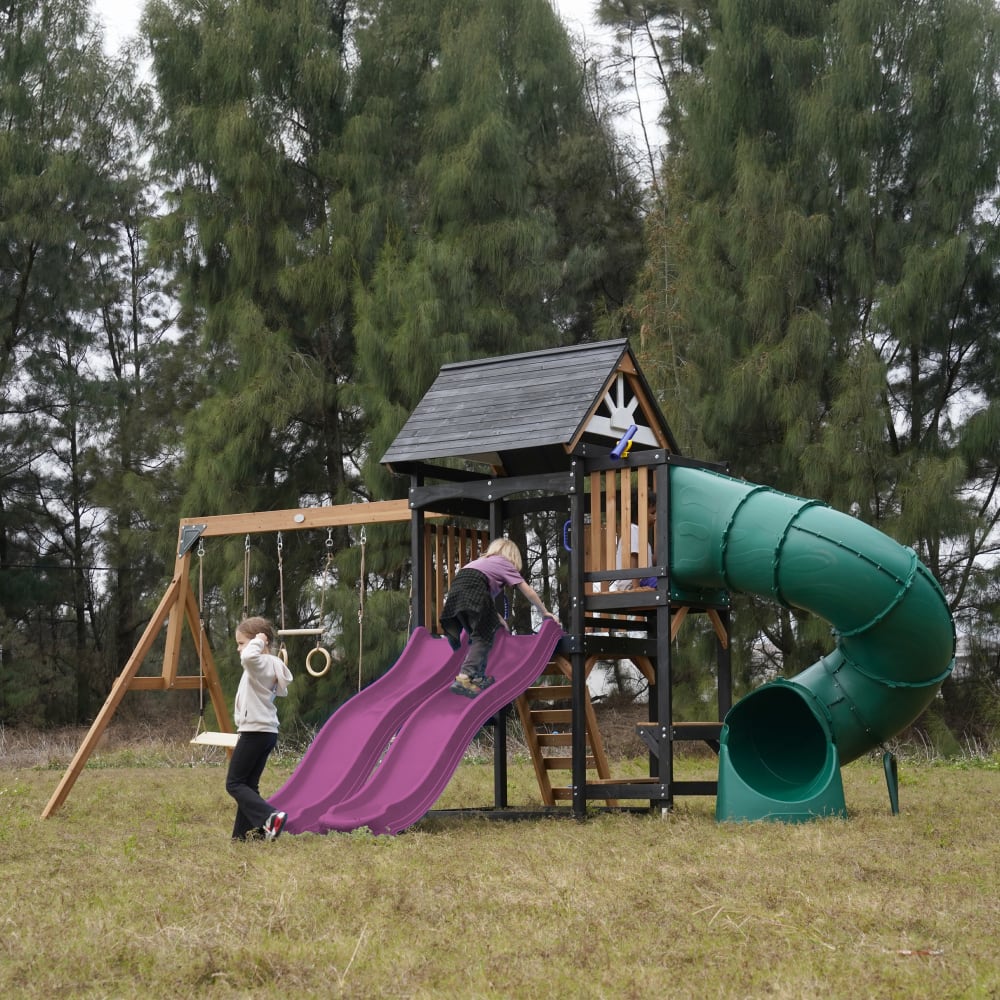 Spielturm mit 2 Schaukeln - Lila Rutsche, 2 Röhrenrutschen -