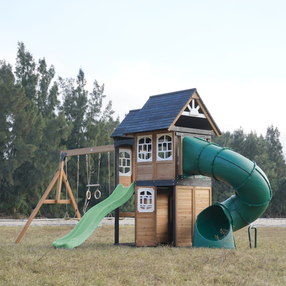 Spielturm aus Holz, 2 Schaukeln - Pastellgrüne Rutsche,