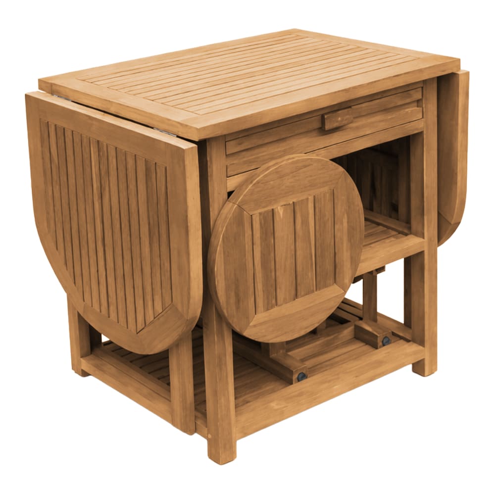 Table de bar pliable avec deux tabourets, teak