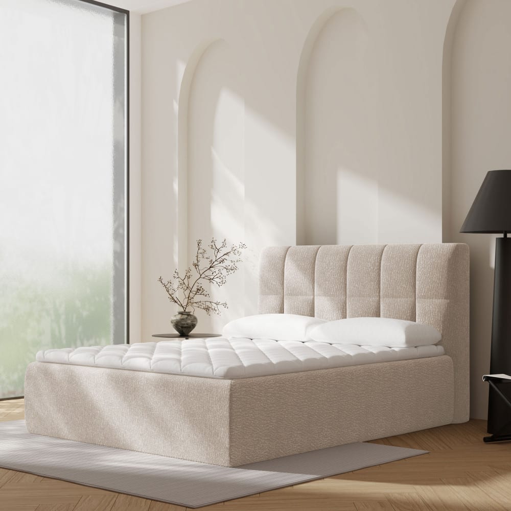 Lit complet compressé boxspring tissu 160x200cm - beige