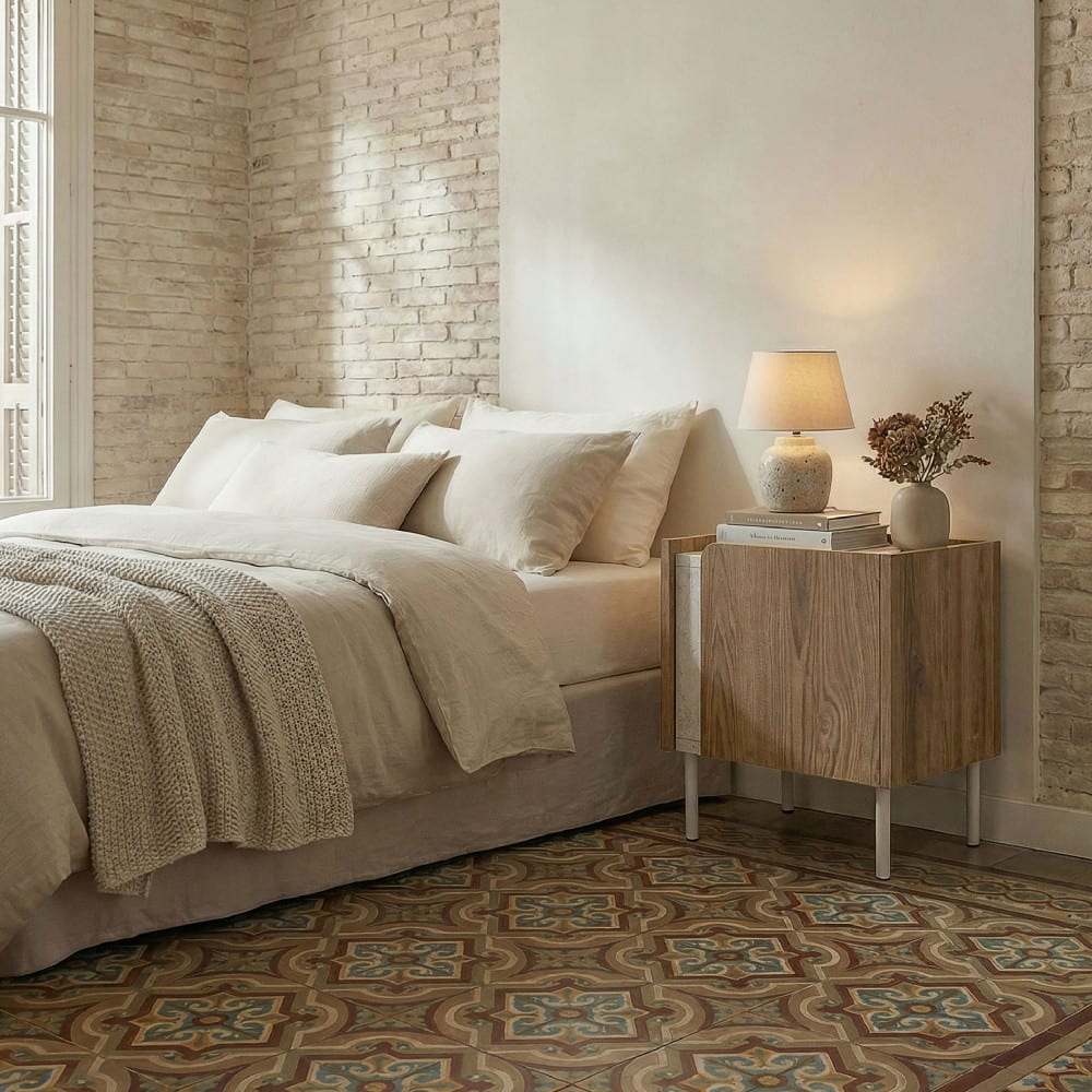 Table de chevet 1 porte en bois et effet travertin - Bois foncé