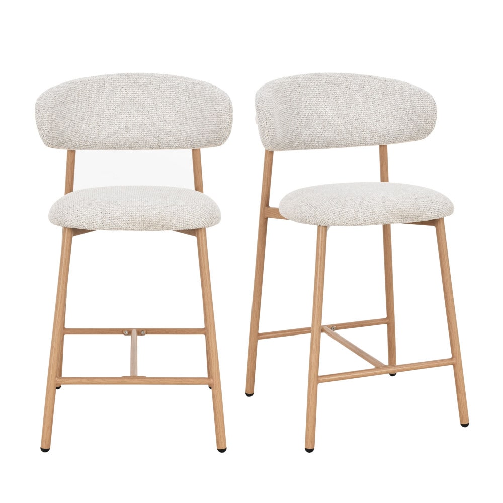 Lot de 2 chaises de bar tissu pieds bois clair h65cm - beige chiné Lot de 2 chaises de bar tissu pieds bois clair h65cm - beige chiné