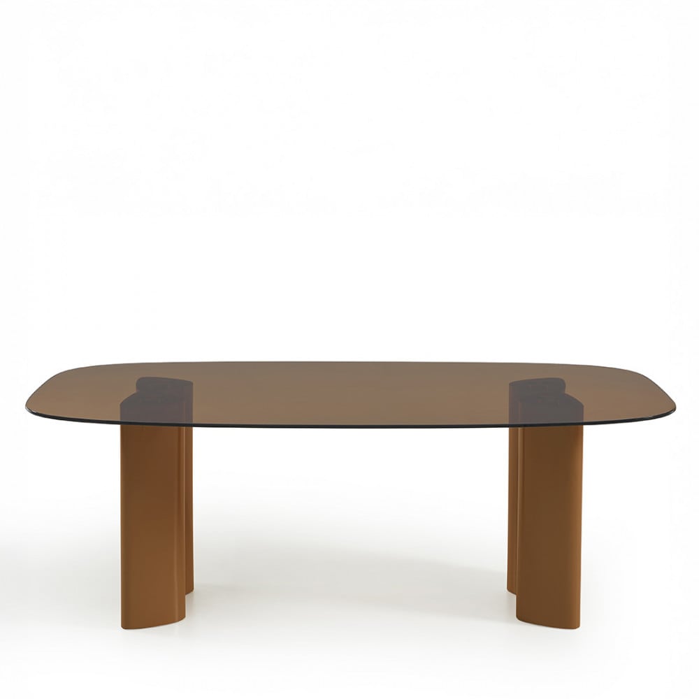 Table à manger 8 pers en verre et pieds bois terracotta - Verre ambré