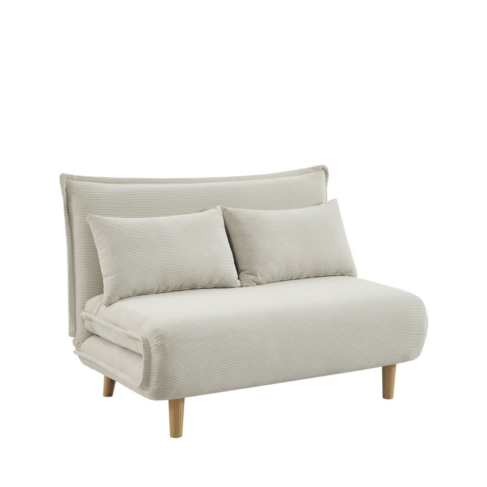 Canapé convertible 2 places en velours côtelé pieds bois clair - Beige