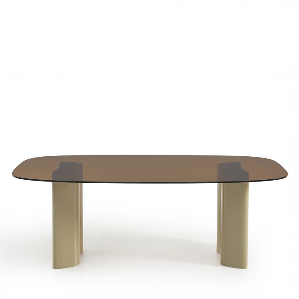 Table à manger 8 personnes en verre et pieds bois vert - Verre ambré