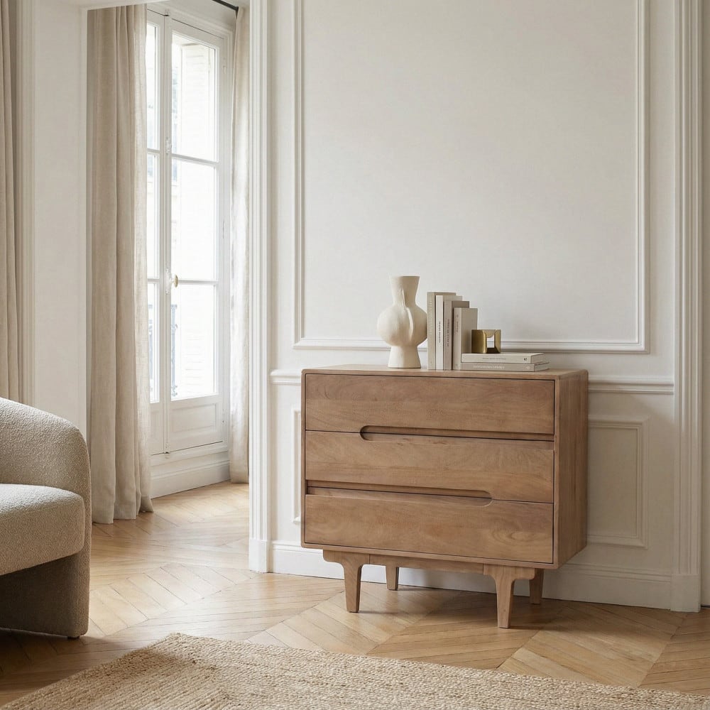 Commode 3 tiroirs en bois massif L80cm - Bois foncé