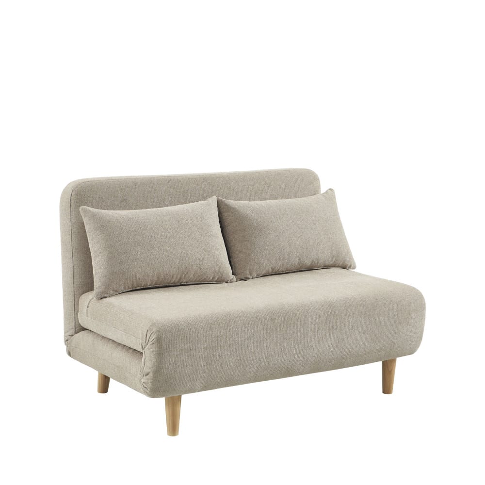 Canapé convertible 2 places en tissu pieds bois clair - Beige