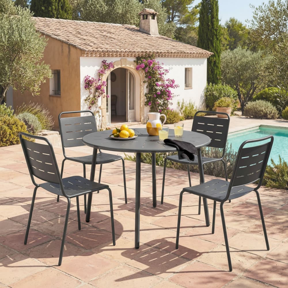 Table à manger de jardin 4 personnes ronde en métal  - Gris foncé