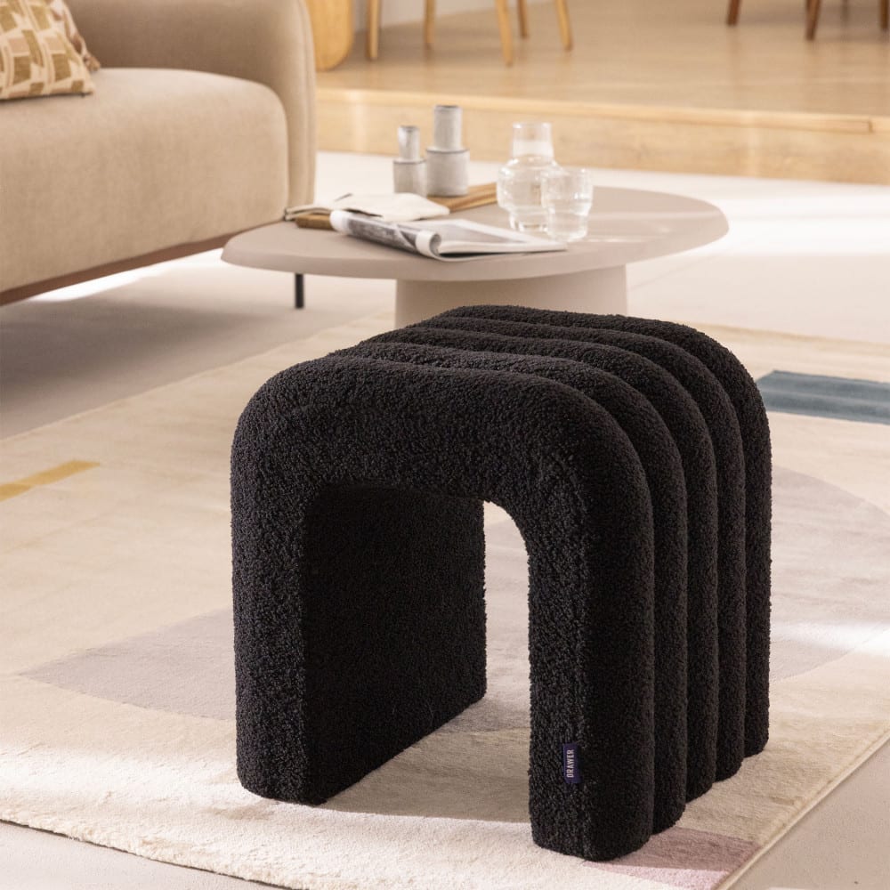 Lot de 2 tabourets rembourrés en tissu bouclette - noir
