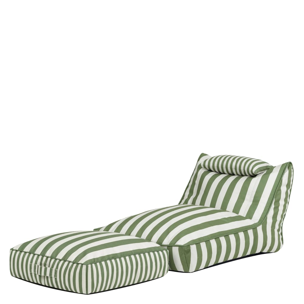 Pouf chauffeuse et coussin de sol extérieur en tissu rayé vert olive