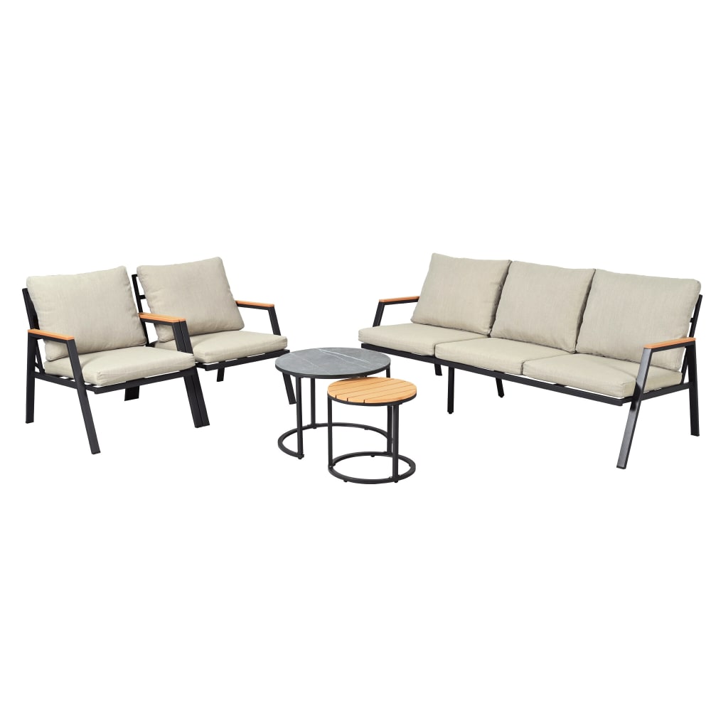 Salon de jardin 5 places acier bois avec 2 tables effet marbre