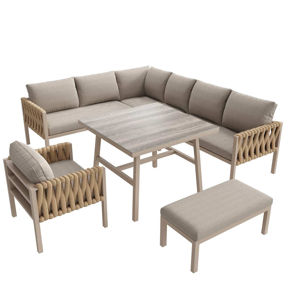Salon de jardin angle avec table repas et fauteuil et banc