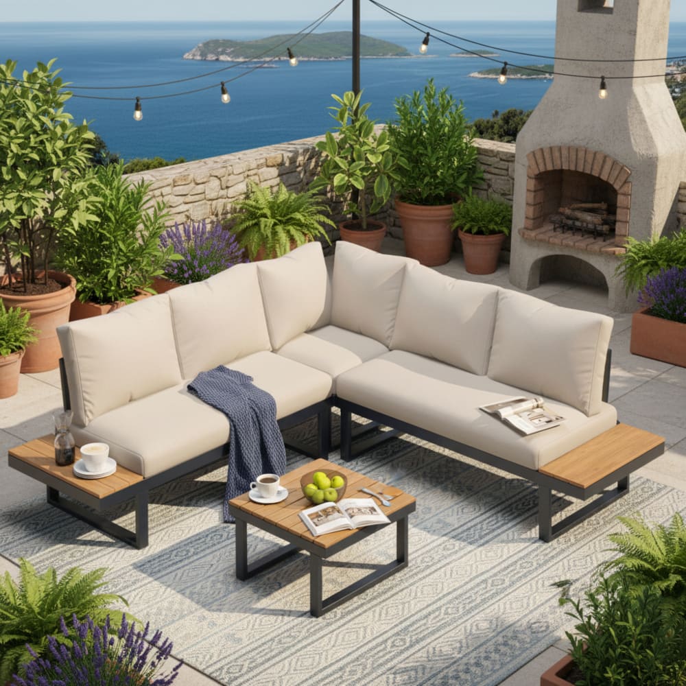 Salon de jardin angle modulable inclinable beige avec table 195 cm