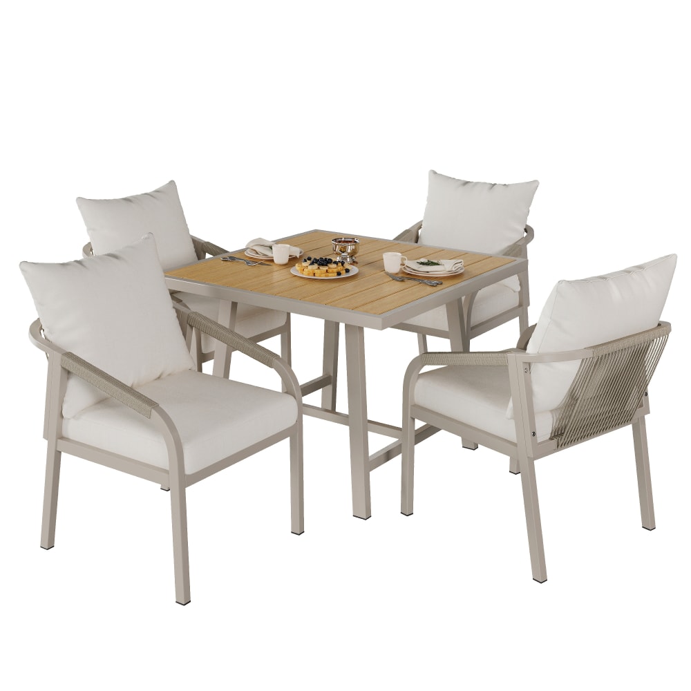 Salon de jardin 4 places acier corde avec table effet bois