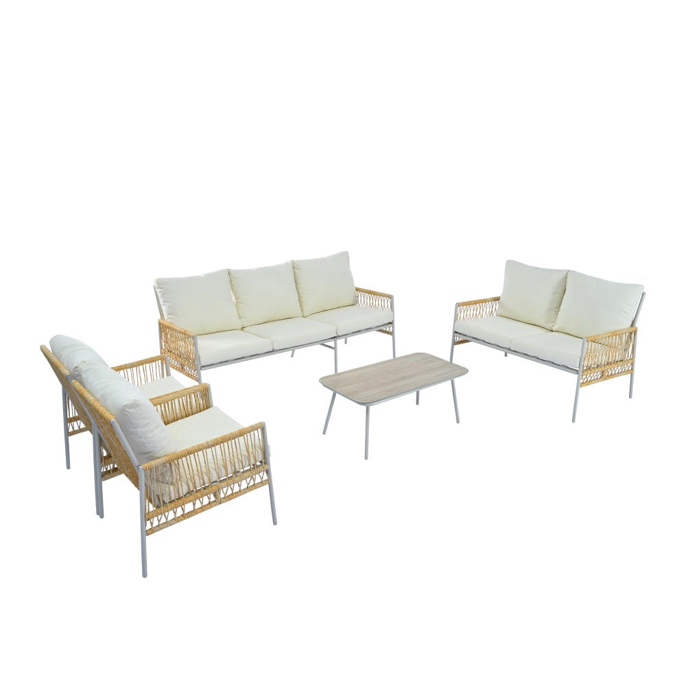 Salon de jardin 7 places en résine tressée beige avec table basse