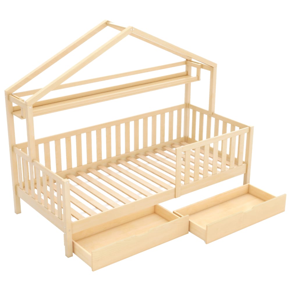 Lit cabane enfant bois massif 90x200 avec tiroirs — Beyit
