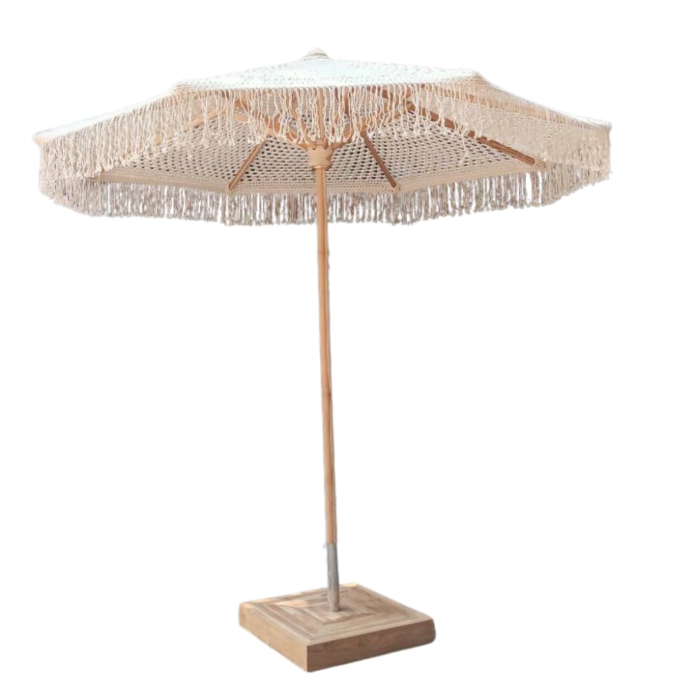 Parasol blanc en macramé avec support en teck
