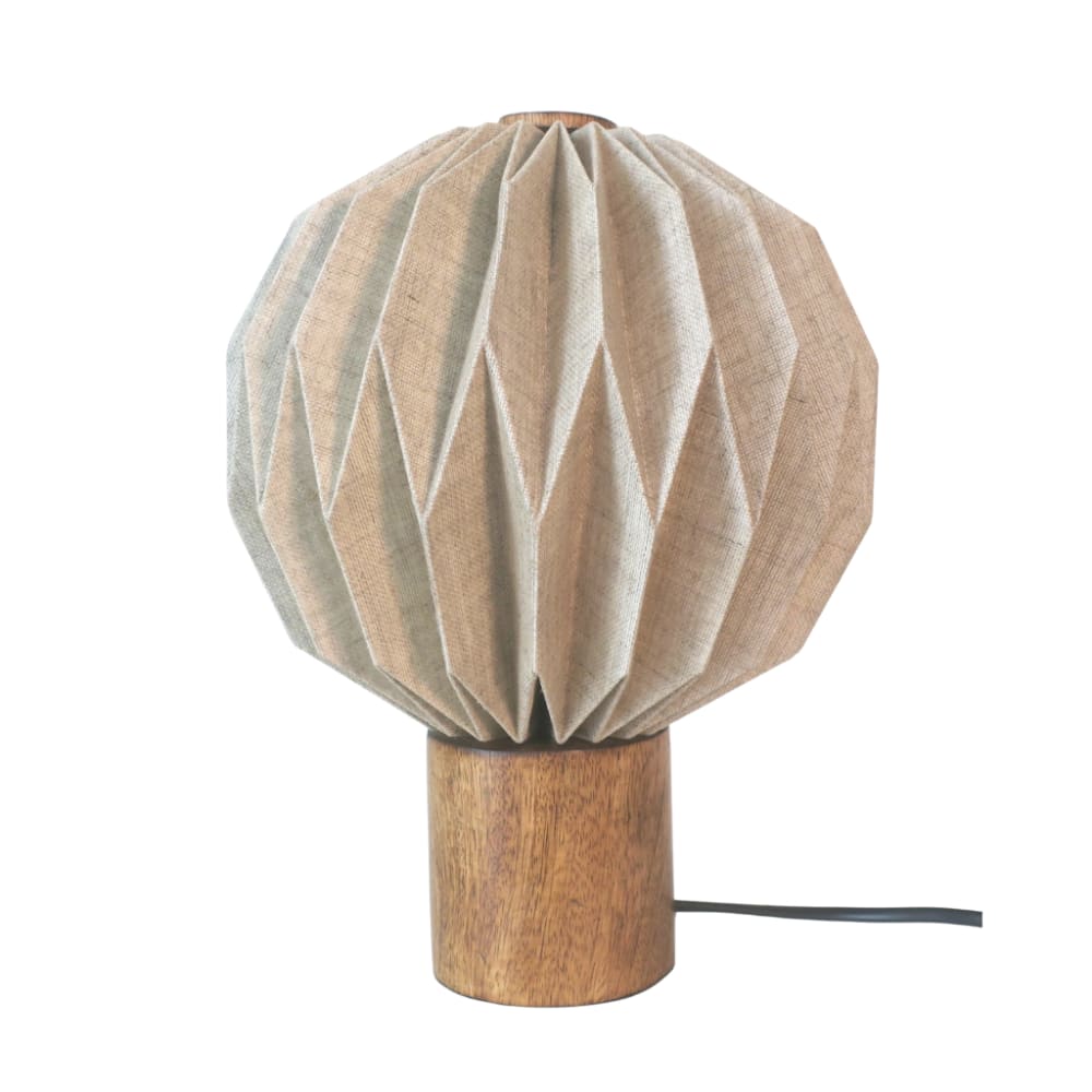 Petite lampe à poser ronde en lin et bois de manguier