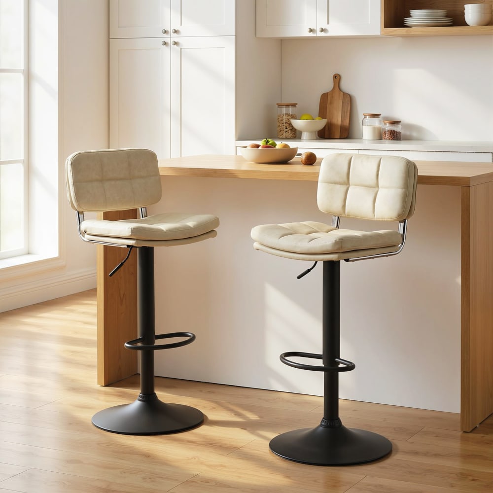 Lot de 2 tabourets de bar Vintage capitonné crème effet vieilli