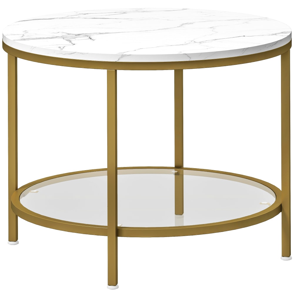 Table basse salon plateau effet marbre étagère en verre trempé blanc