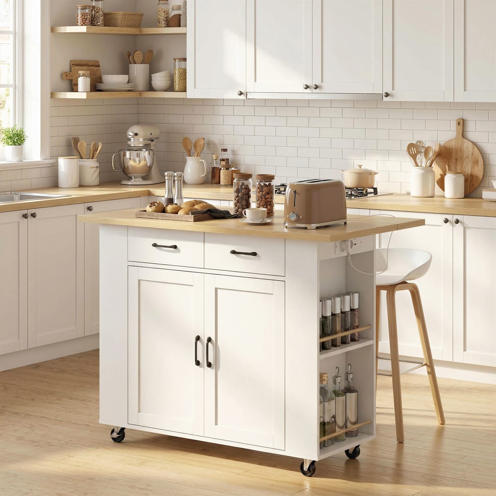 Ilot de cuisine station charge plan de travail rabattable bois blanc